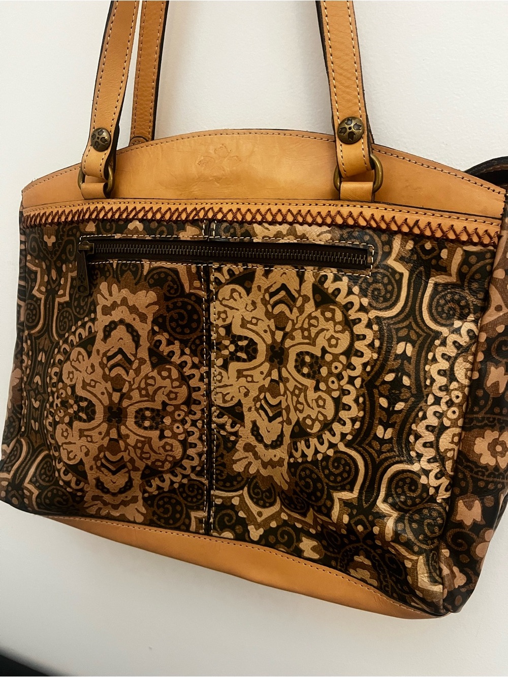 Patricia Nash Poppy Patterned Brown Italian Leather-Ornate Shoulder Tote Bag